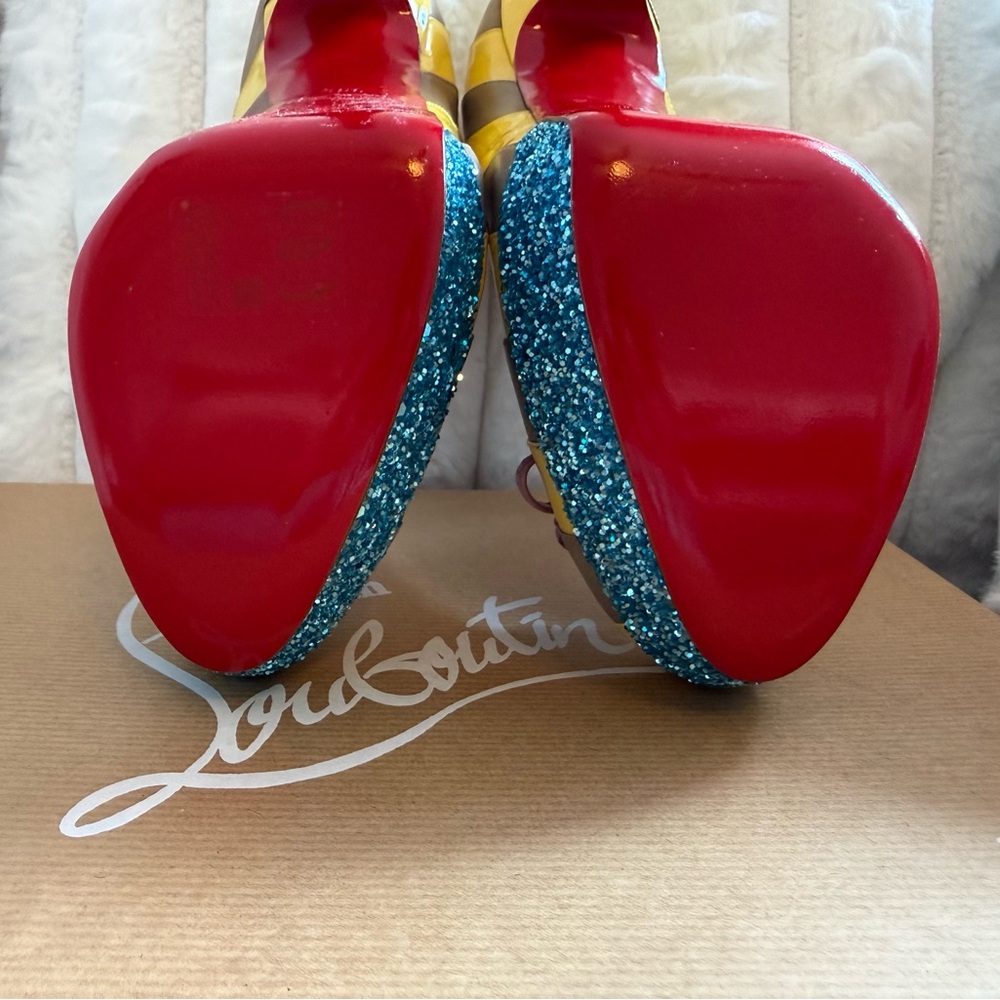 Christian Louboutin Foraine Yellow and Beige Heels with Blue Glitter Platform - Picture 4 of 10